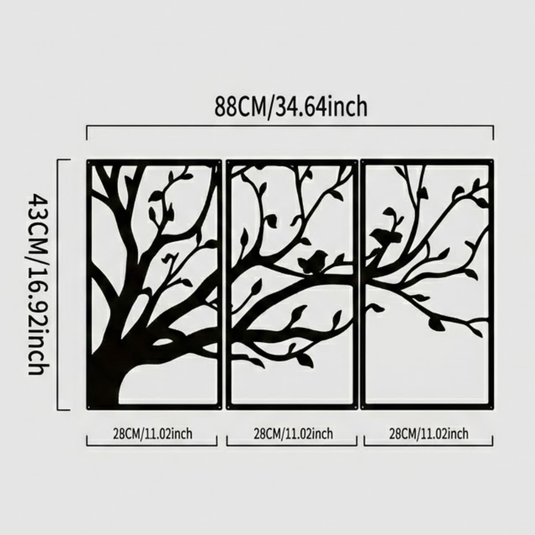 Triptyque Mural "Arbre de Vie et Oiseaux"