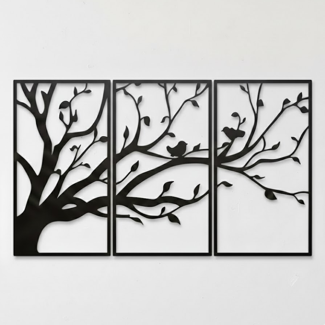 Triptyque Mural "Arbre de Vie et Oiseaux"